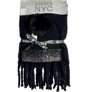 NWT Madden Nyc Hat & Scarf Gift Set Black Rhinestone Cuff Pom Beanie Winter Chic